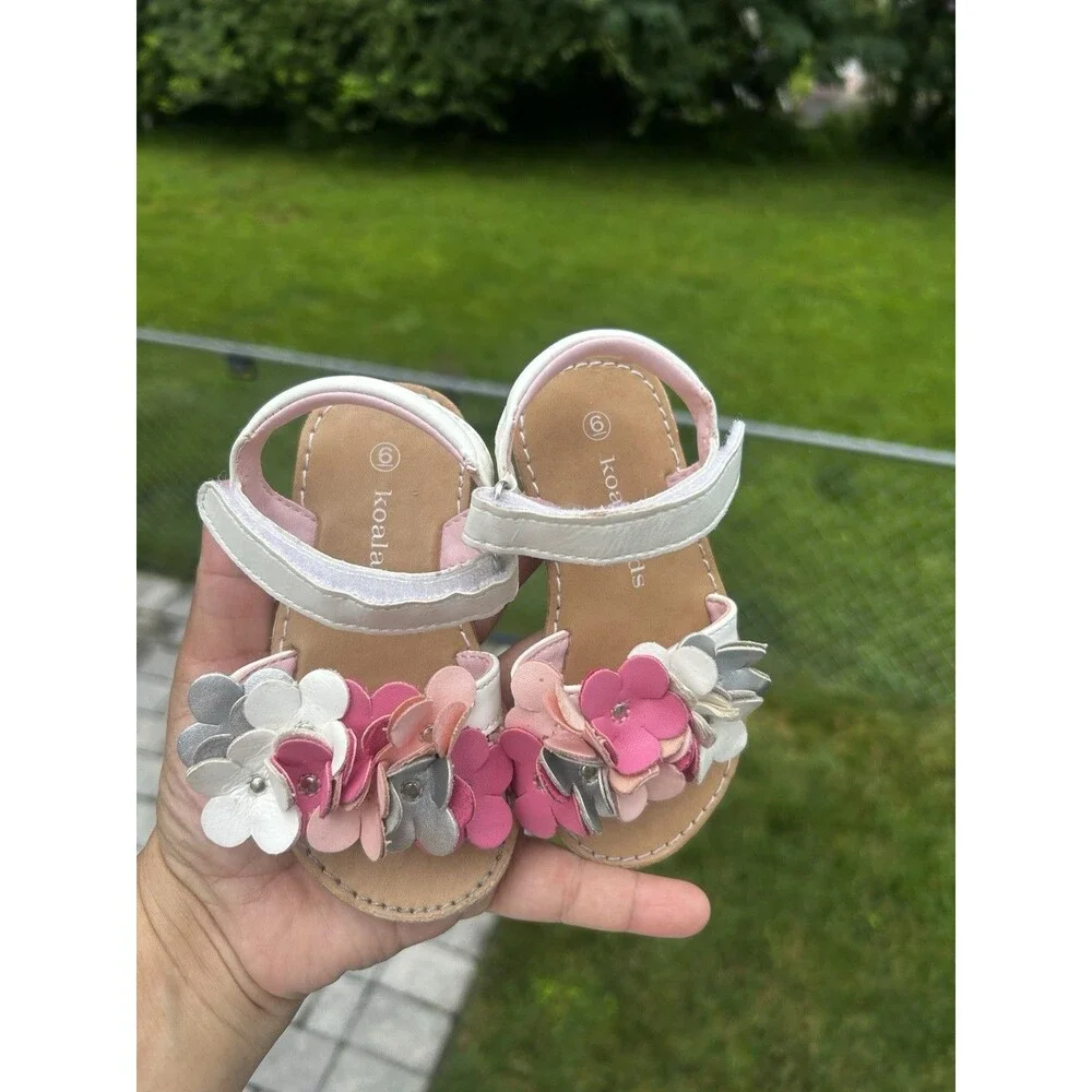 Koala Kids Girls Size 6 Floral Sandals Pink White Silver Flowers